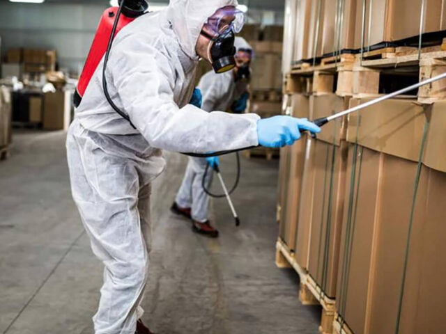 Due persone in tute protettive complete, inclusi guanti, maschere e occhiali, stanno spruzzando una sostanza su grandi scatole di cartone impilate su pallet di legno in un magazzino. L'operatore della sanificazione in primo piano porta sulla schiena una bombola rossa e impugna una lancia spruzzatrice.